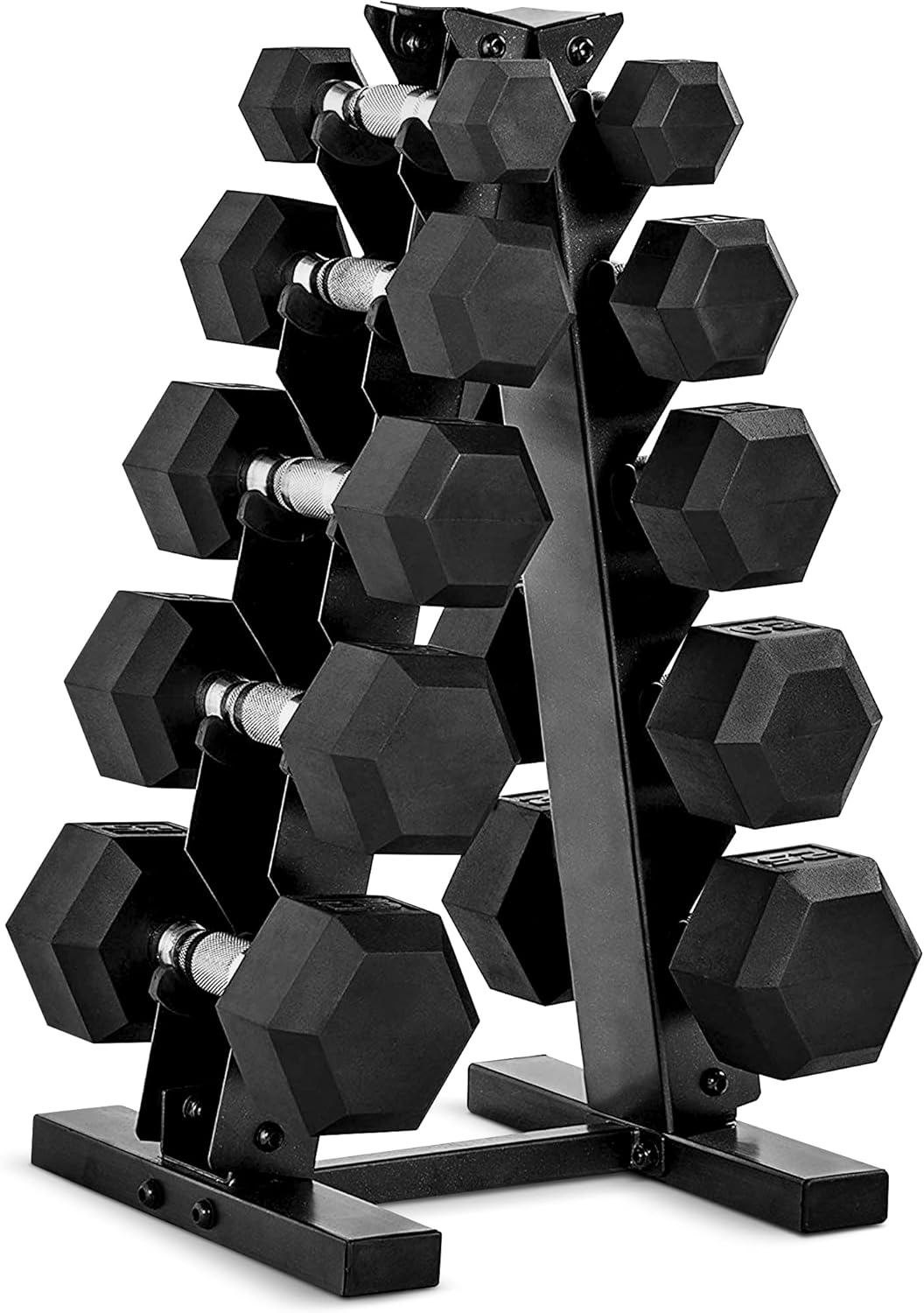 150 LB Coated Hex Dumbbell Weight Set with Vertical Rack