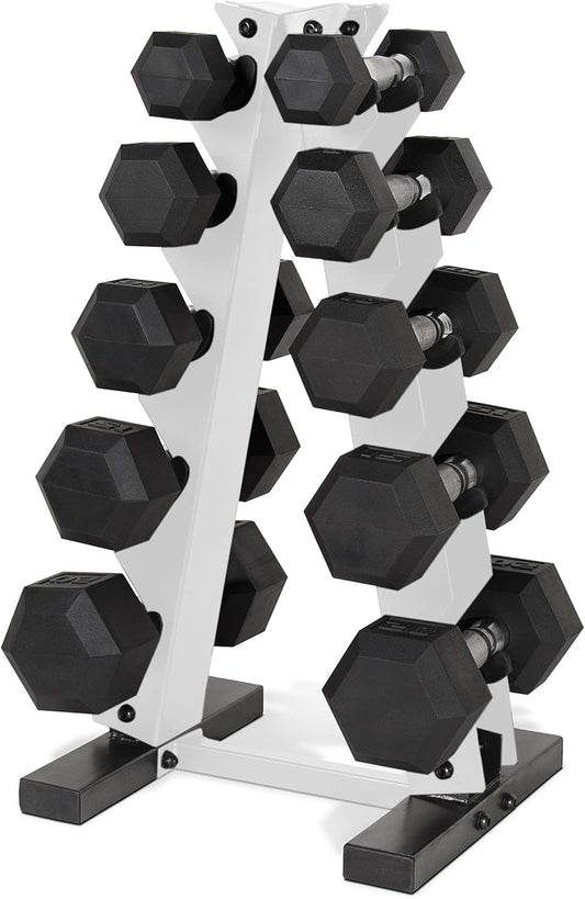 150 LB Coated Hex Dumbbell Weight Set with Vertical Rack 